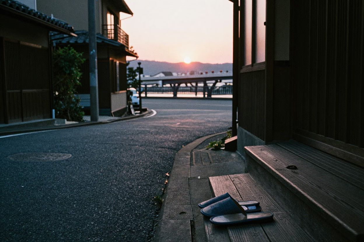 Evening Street Scene in Fukuoka Japan with Slippers and Bridge View in in Fukuoka, Japan