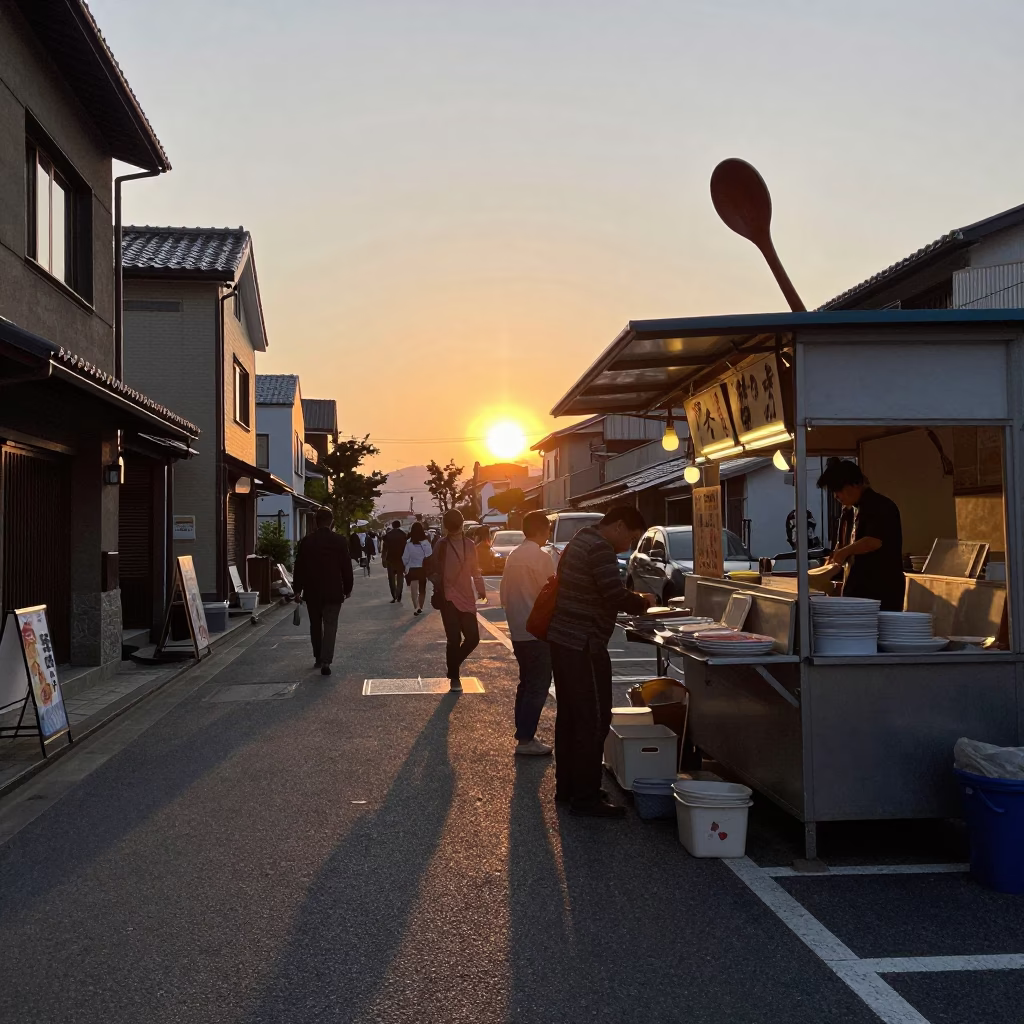 Evening Street Scene in Fukuoka Japan with Wooden Spoon and Dish Rack in in Fukuoka, Japan