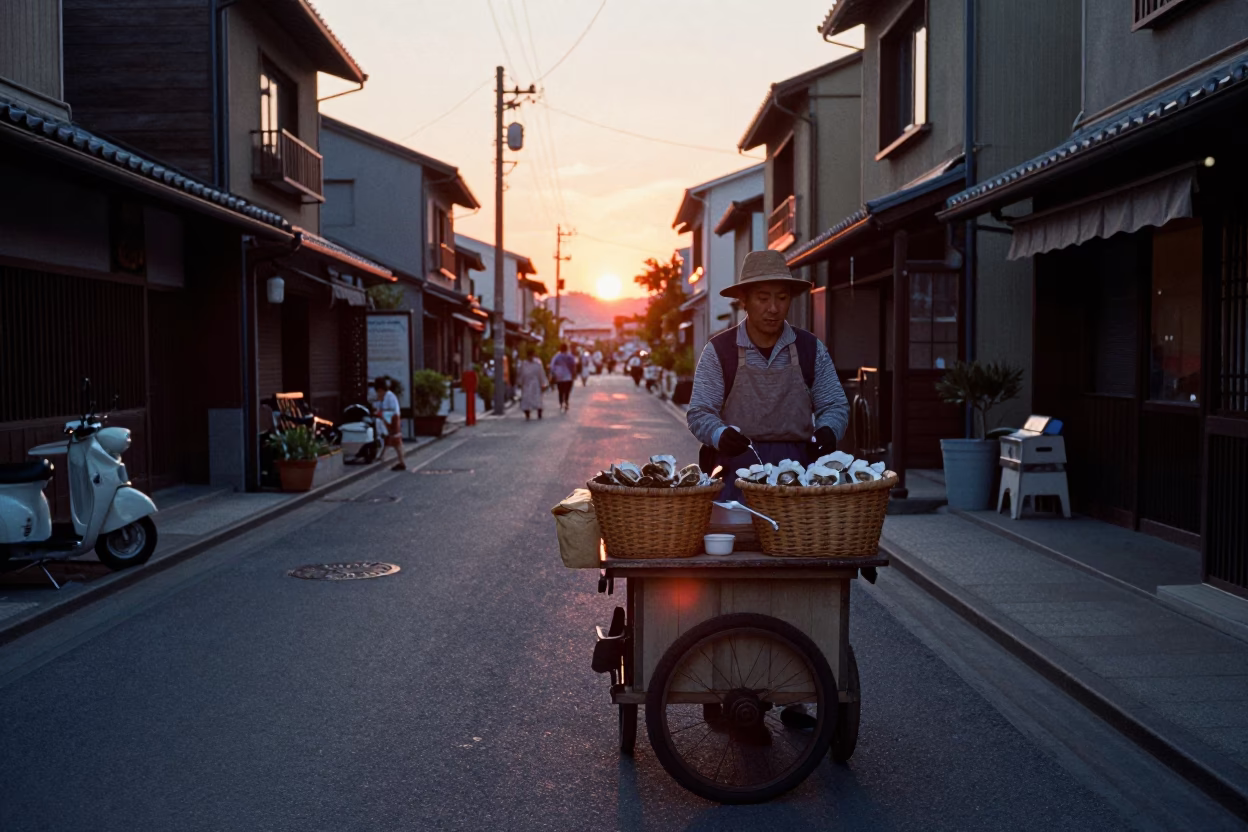 Evening Street Scene in Fukuoka Japan with Woven Basket and Oysters in in Fukuoka, Japan