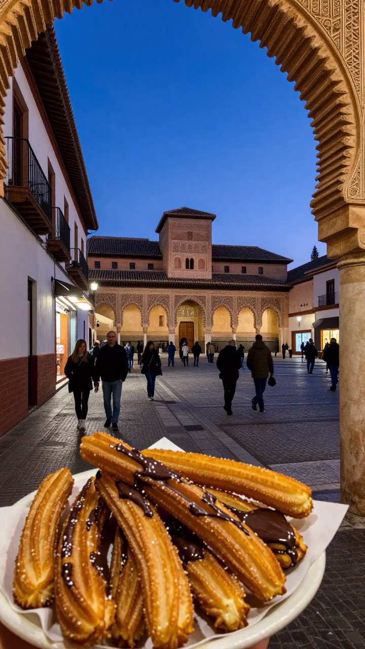 Evening Street Scene in Granada Spain with Churros and Chocolate in in Granada, Spain