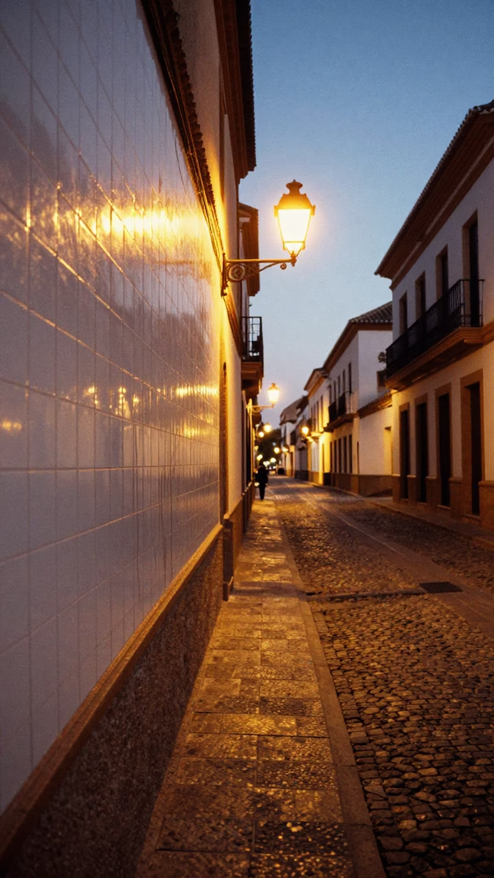 Evening Street Scene in Granada Spain with Cobblestones and City Lights in in Granada, Spain