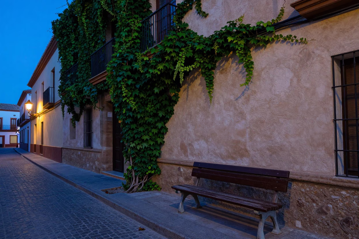 Evening Street Scene in Granada Spain with Ivy and Park Bench in in Granada, Spain