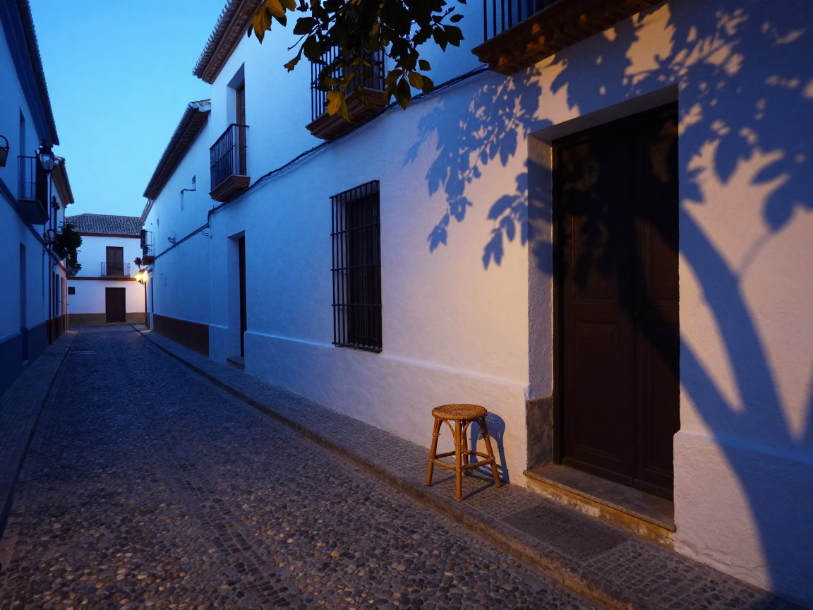 Evening street scene in Granada Spain with leaf shadows and rattan stool in in Granada, Spain