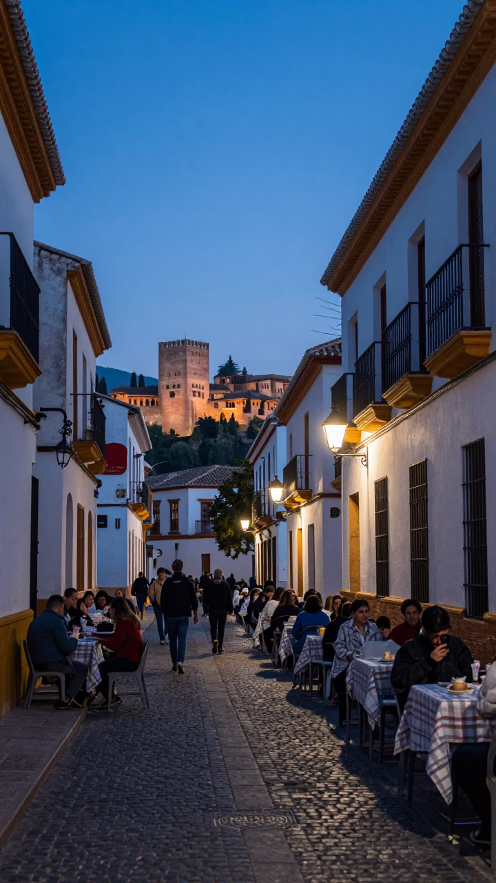 Evening Street Scene in Granada Spain with Local Diners and Traditional Dining in in Granada, Spain