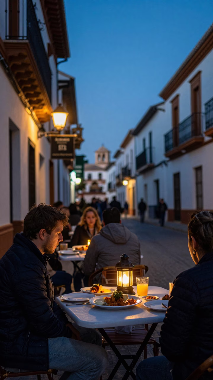 Evening Street Scene in Granada Spain with Local Dining and Traditional Decor in in Granada, Spain