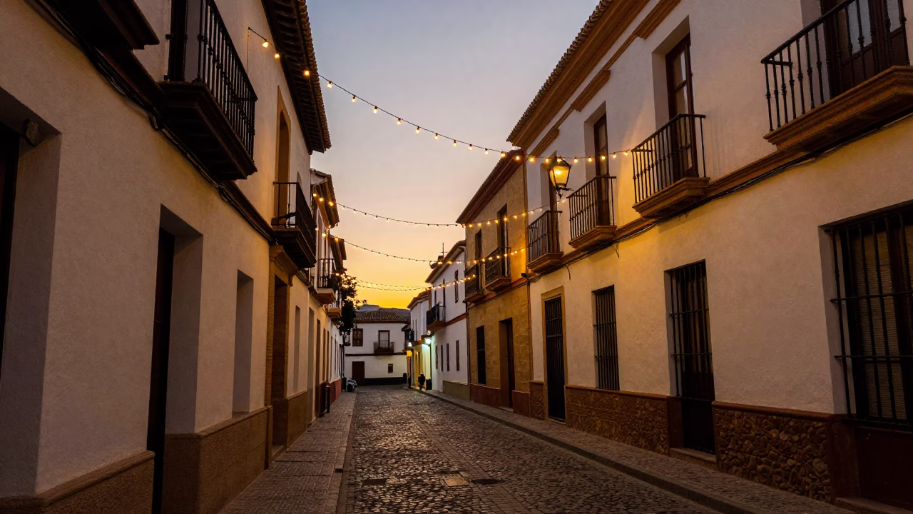 Evening Street Scene in Granada Spain with String Lights and Local Dining Atmosphere in in Granada, Spain