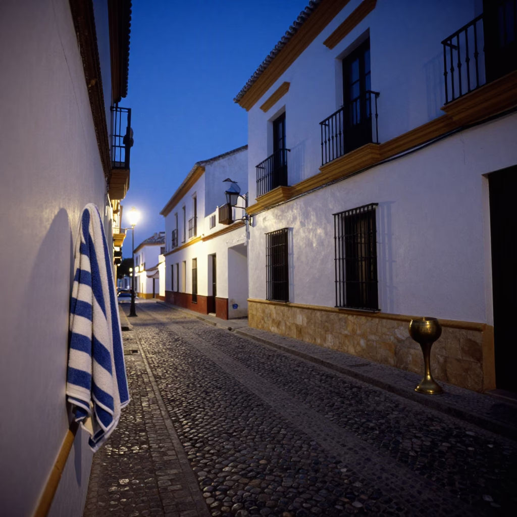 Evening Street Scene in Granada Spain with Striped Towel and Brass Drain in in Granada, Spain