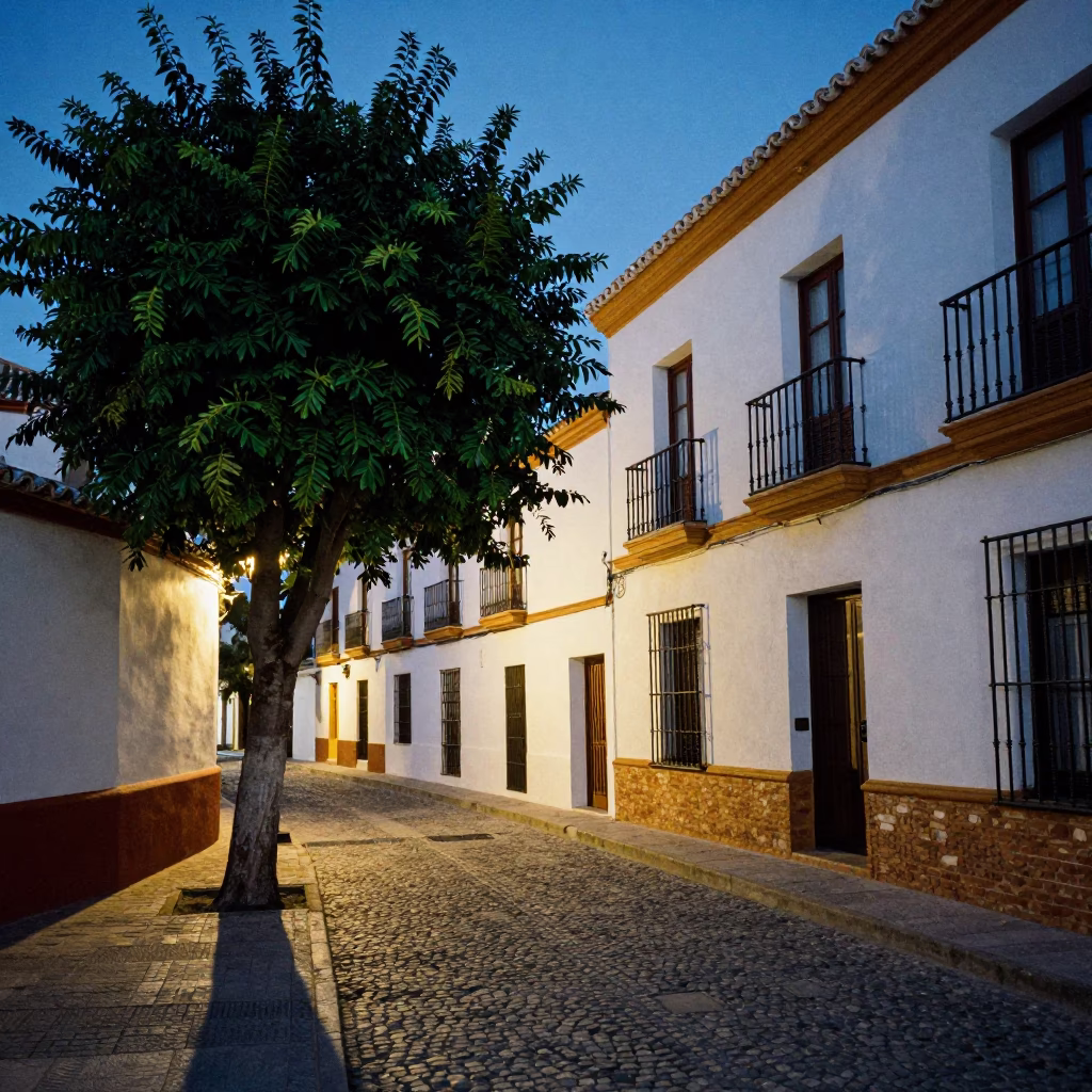 Evening street scene in Granada Spain with tamarind tree and local architecture in in Granada, Spain
