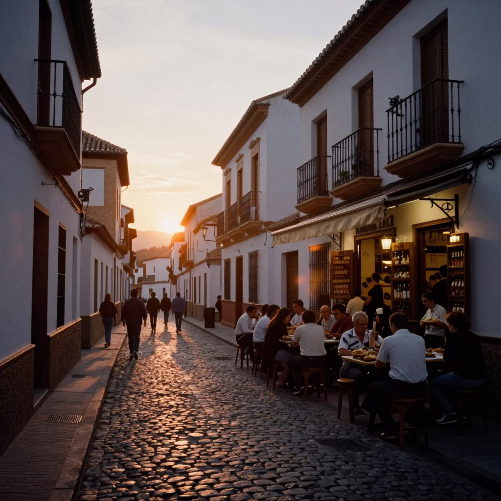 Evening Street Scene in Granada Spain with Traditional Tapas and Local Diners at Sunset in in Granada, Spain
