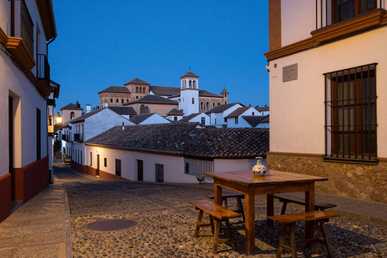 Evening Street Scene in Granada Spain with Wooden Table and Ceramic Cup in in Granada, Spain