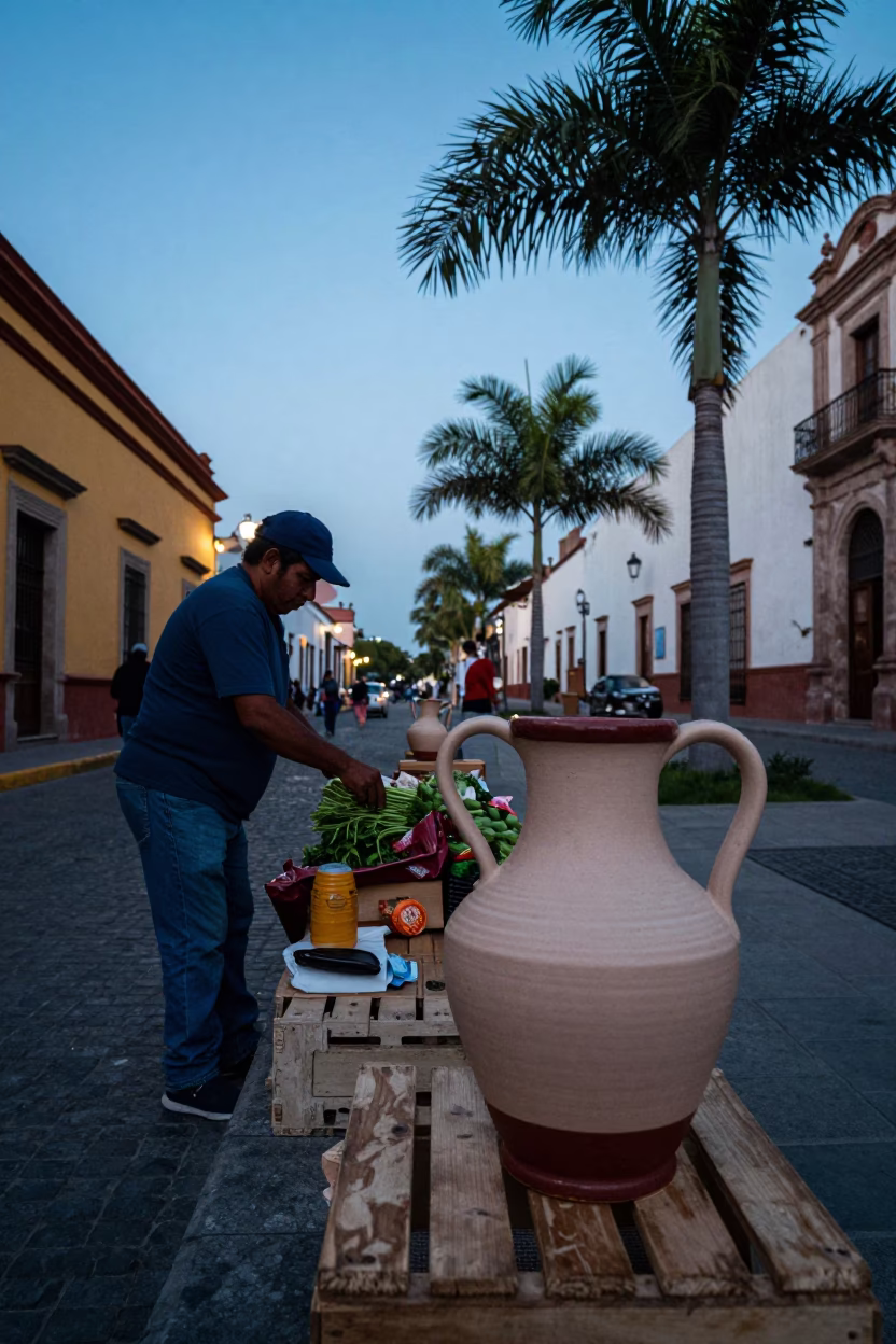 Evening Street Scene in Guadalajara Mexico with Ceramic Pitcher and Palm Trees in in Guadalajara, Mexico