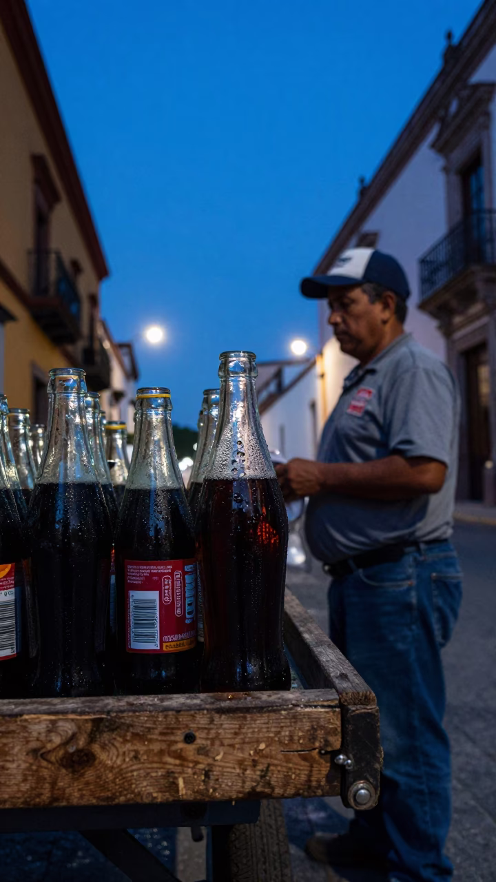 Evening Street Scene in Guadalajara Mexico with Condensation on Bottle Neck in in Guadalajara, Mexico