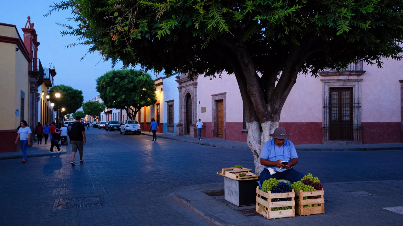 Evening Street Scene in Guadalajara Mexico with Fig Tree and Local Life in in Guadalajara, Mexico