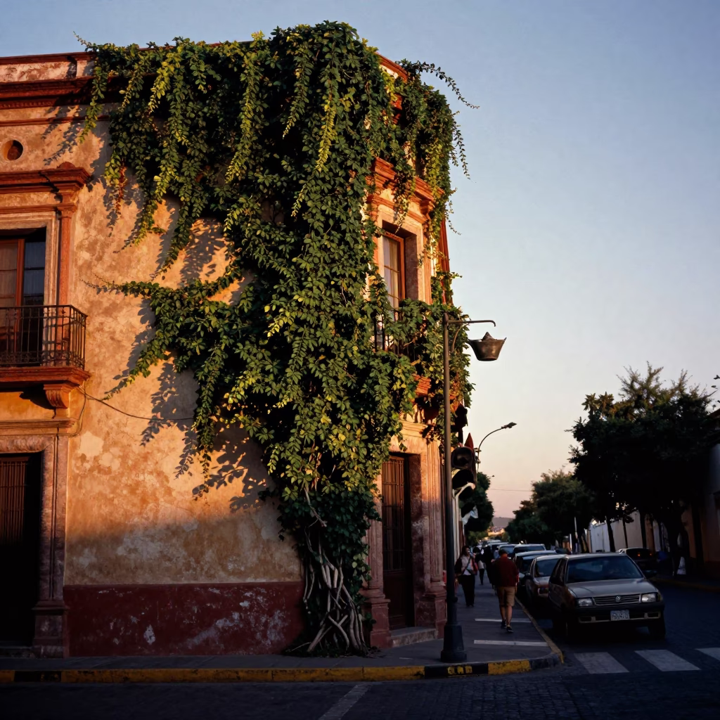 Evening Street Scene in Guadalajara Mexico with Ivy Vines and Watering Jug in in Guadalajara, Mexico