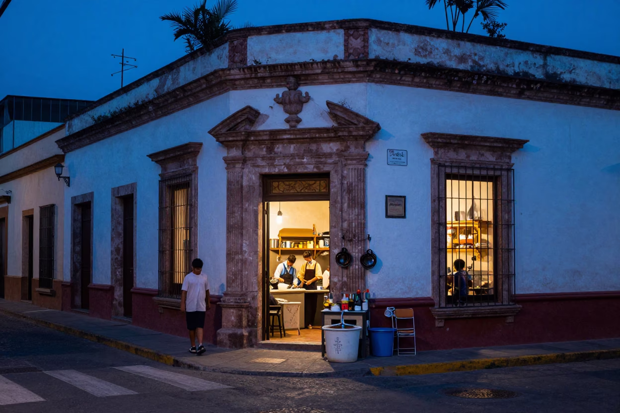 Evening Street Scene in Guadalajara Mexico with Kitchen Utensils and Wash Basin Details in in Guadalajara, Mexico
