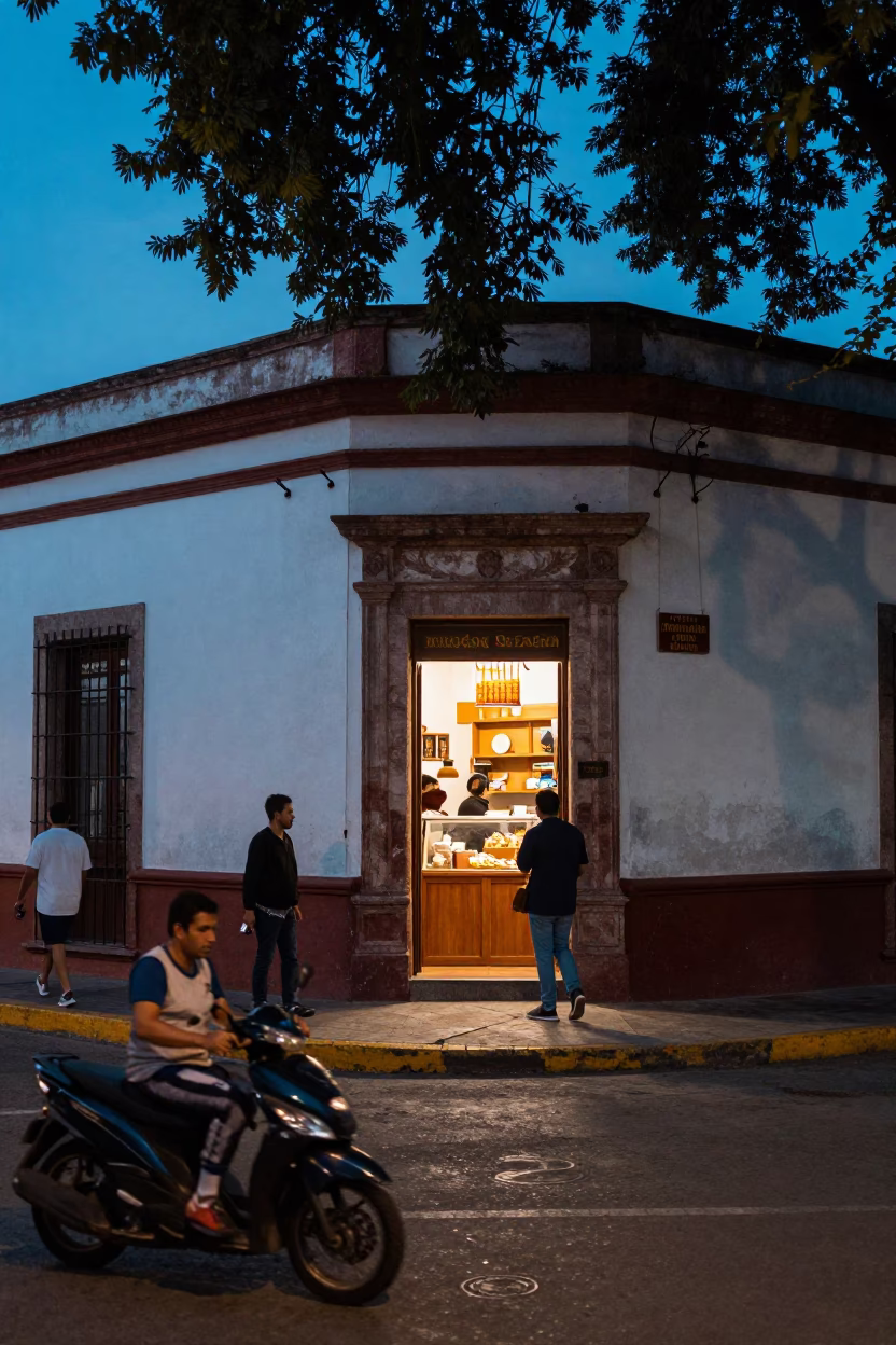 Evening Street Scene in Guadalajara Mexico with Leaf Shadows and Local Life in in Guadalajara, Mexico