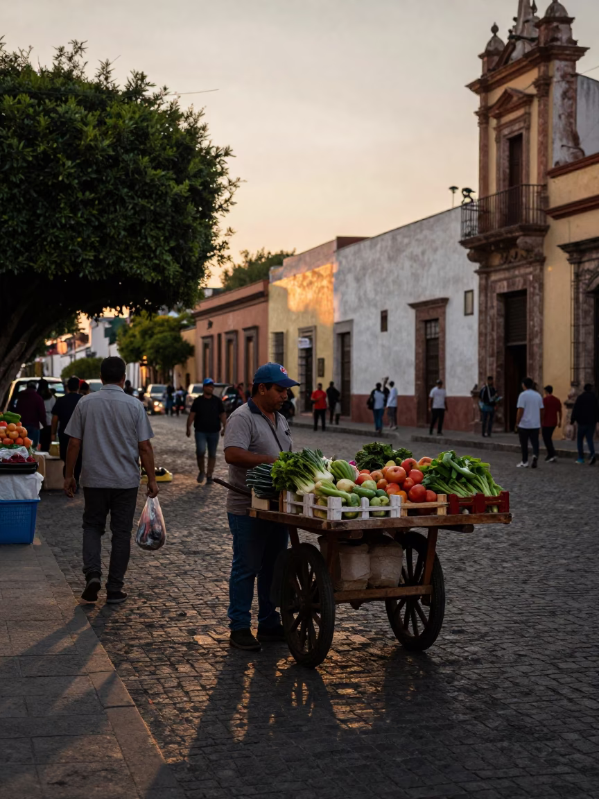 Evening Street Scene in Guadalajara Mexico with Local Market Activity and Traditional Architecture in in Guadalajara, Mexico