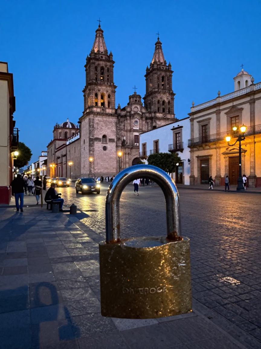 Evening street scene in Guadalajara Mexico with metal padlock and worn leather basketballs in in Guadalajara, Mexico