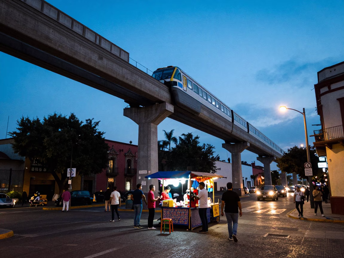 Evening street scene in Guadalajara Mexico with monorail and local vendors in in Guadalajara, Mexico