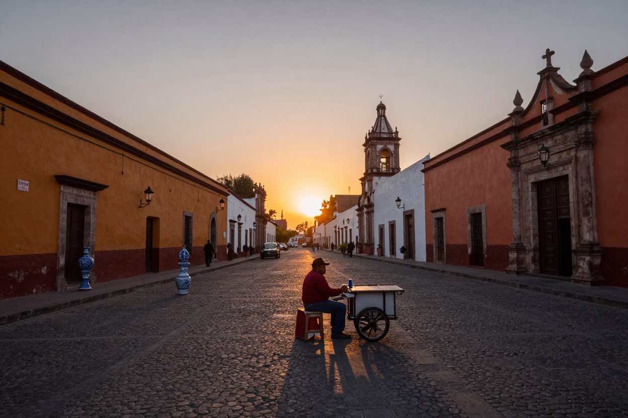 Evening Street Scene in Guadalajara Mexico with Orange Peel and Ceramic Cup in in Guadalajara, Mexico