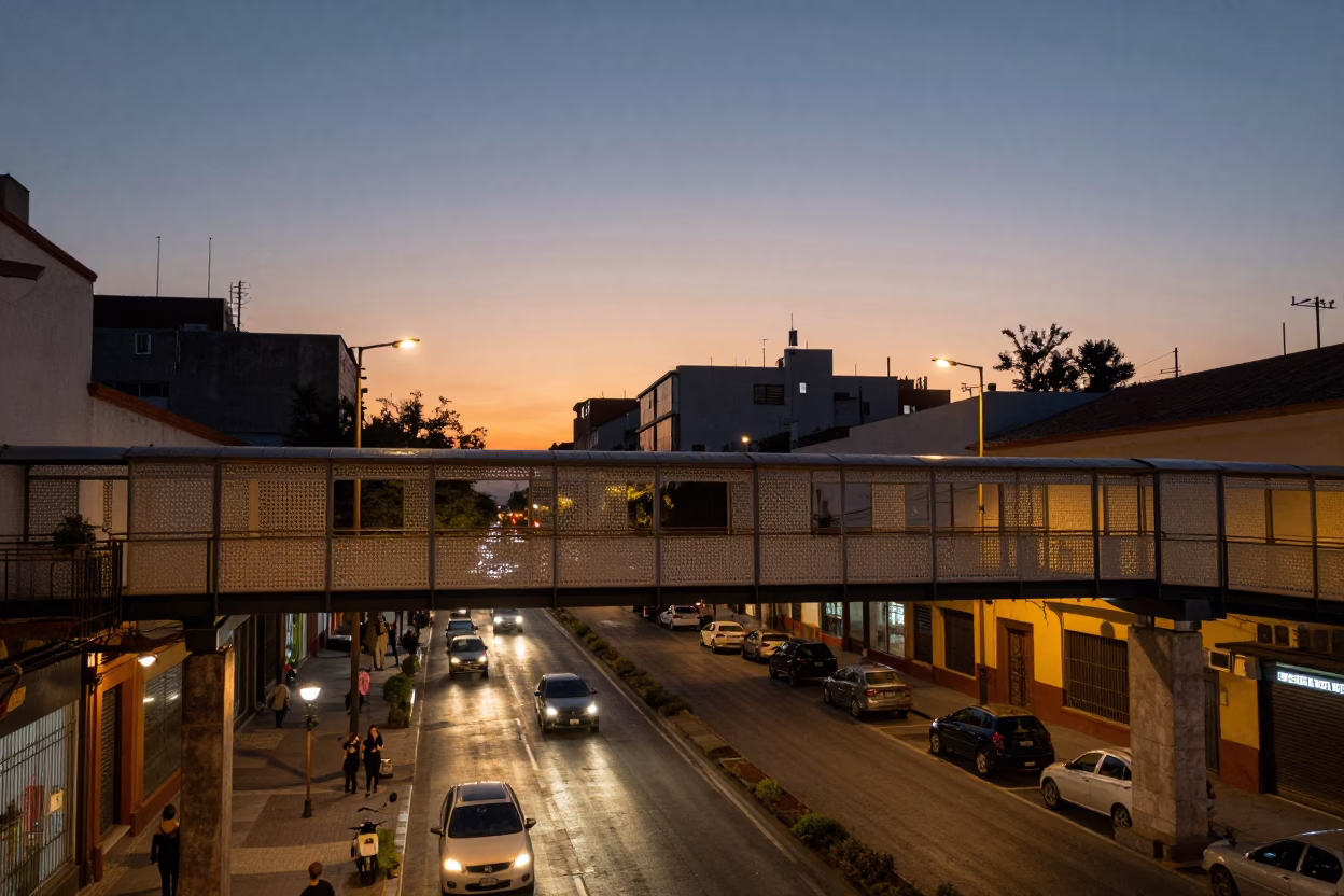 Evening Street Scene in Guadalajara Mexico with Pedestrian Overpass and Urban Life in in Guadalajara, Mexico