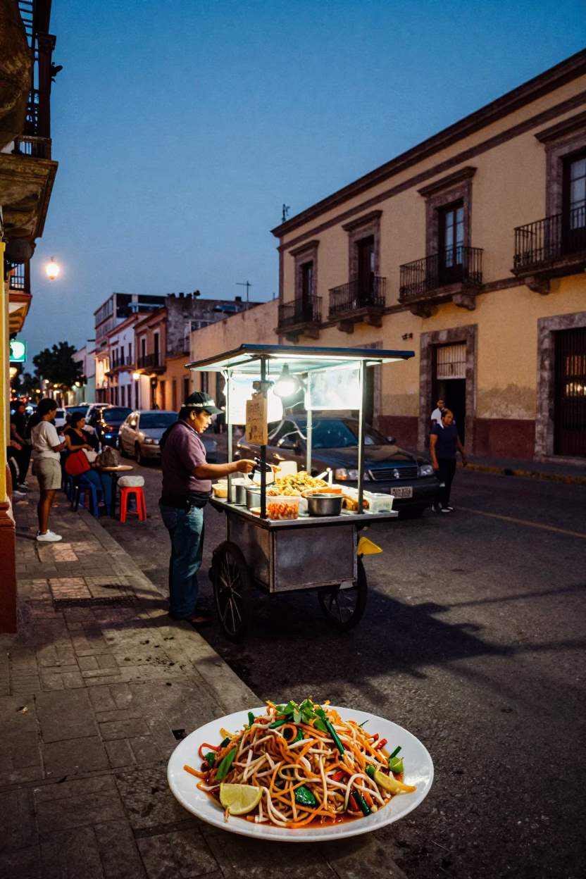 Evening Street Scene in Guadalajara Mexico with Plate of Pad Thai and Lime Wedges in in Guadalajara, Mexico