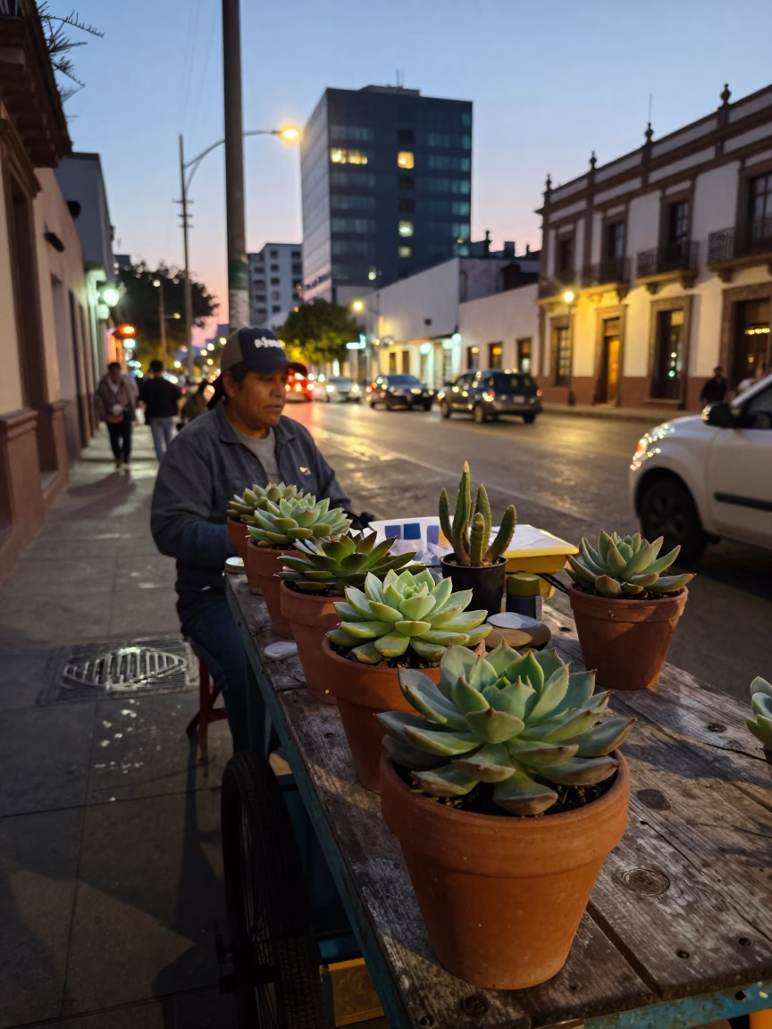 Evening Street Scene in Guadalajara Mexico with Potted Succulents and City Lights in in Guadalajara, Mexico