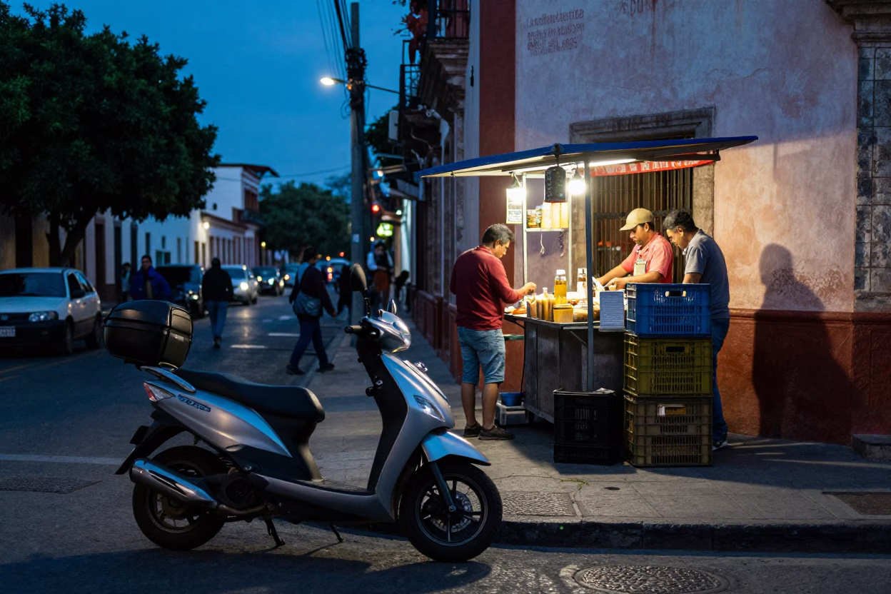 Evening Street Scene in Guadalajara Mexico with Scooter and Crate in in Guadalajara, Mexico