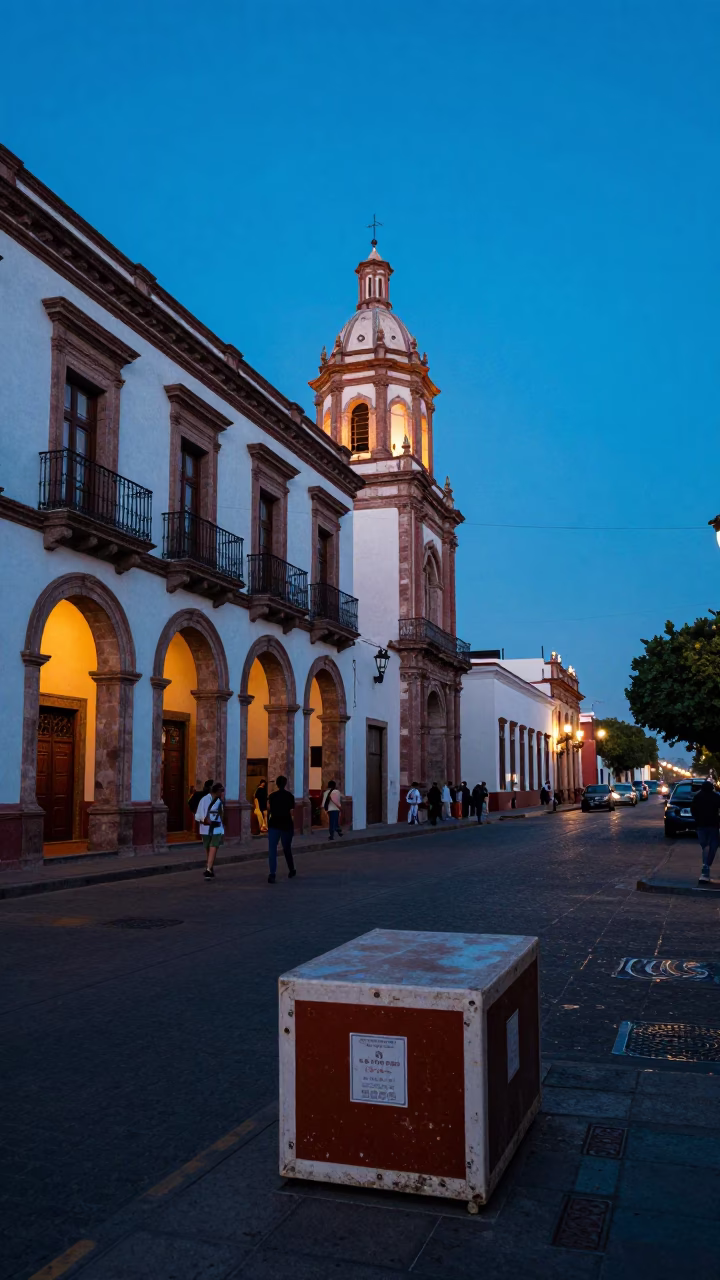 Evening Street Scene in Guadalajara Mexico with Shoebox and Local Architecture in in Guadalajara, Mexico