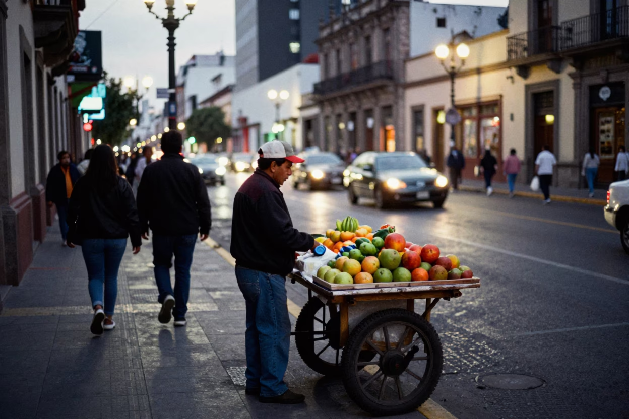 Evening Street Scene in Guadalajara Mexico with Street Vendor and City Lights in in Guadalajara, Mexico