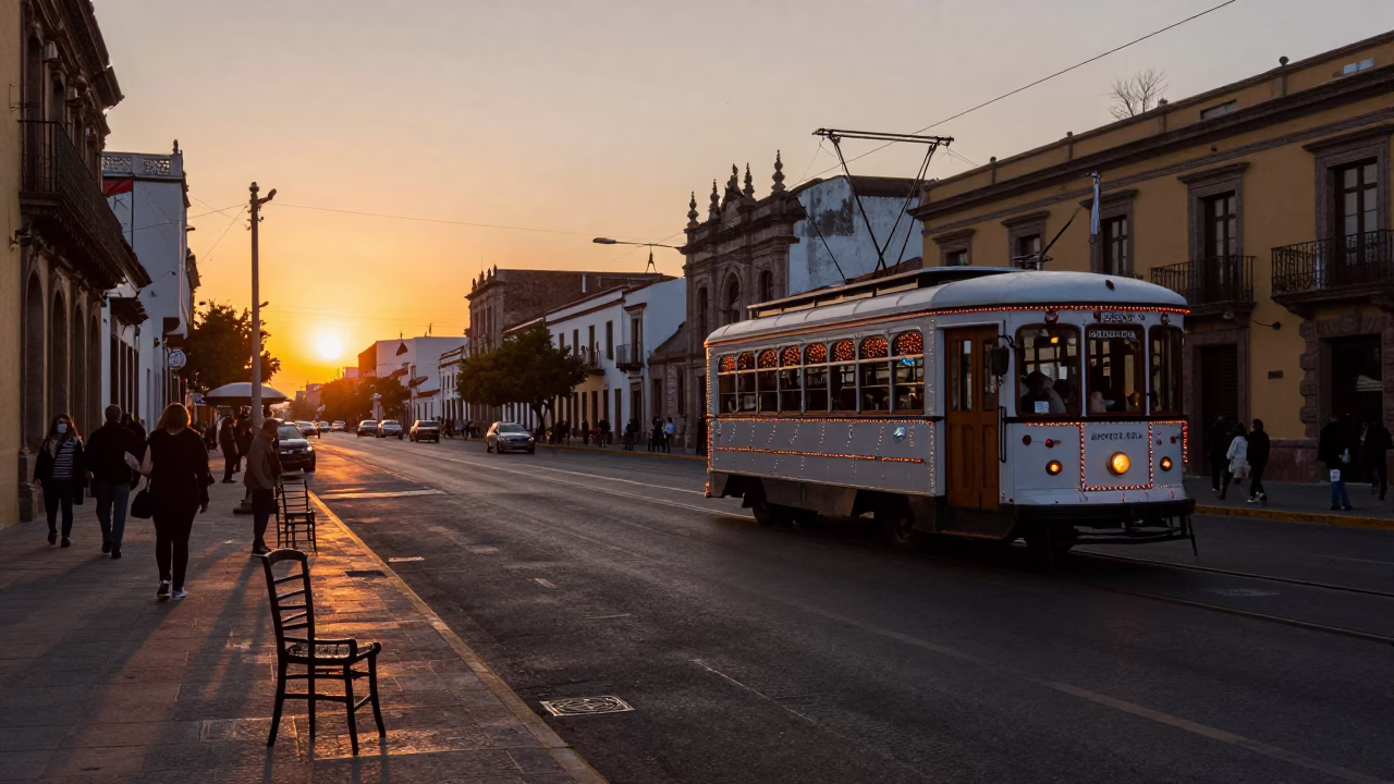 Evening Street Scene in Guadalajara Mexico with Tramcar and Ladder-Back Chair in in Guadalajara, Mexico