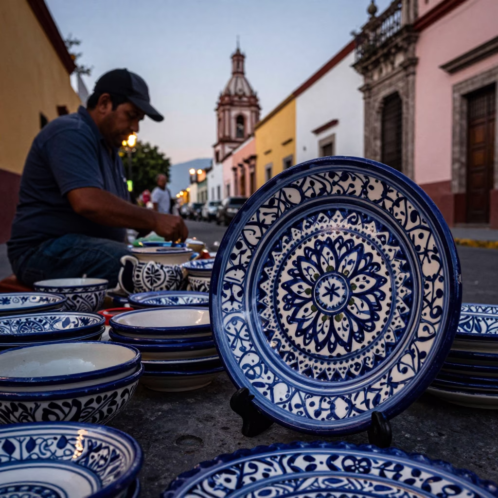Evening Street Scene in Guadalajara Mexico with Vintage Italian Majolica Plate and Sun Stripe in in Guadalajara, Mexico