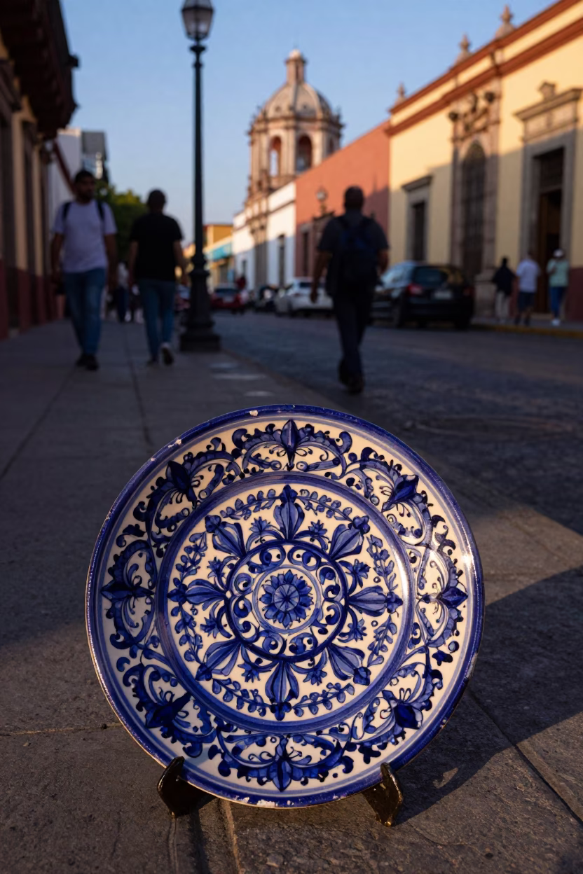 Evening Street Scene in Guadalajara Mexico with Vintage Majolica Plate and Embroidery Hoop in in Guadalajara, Mexico