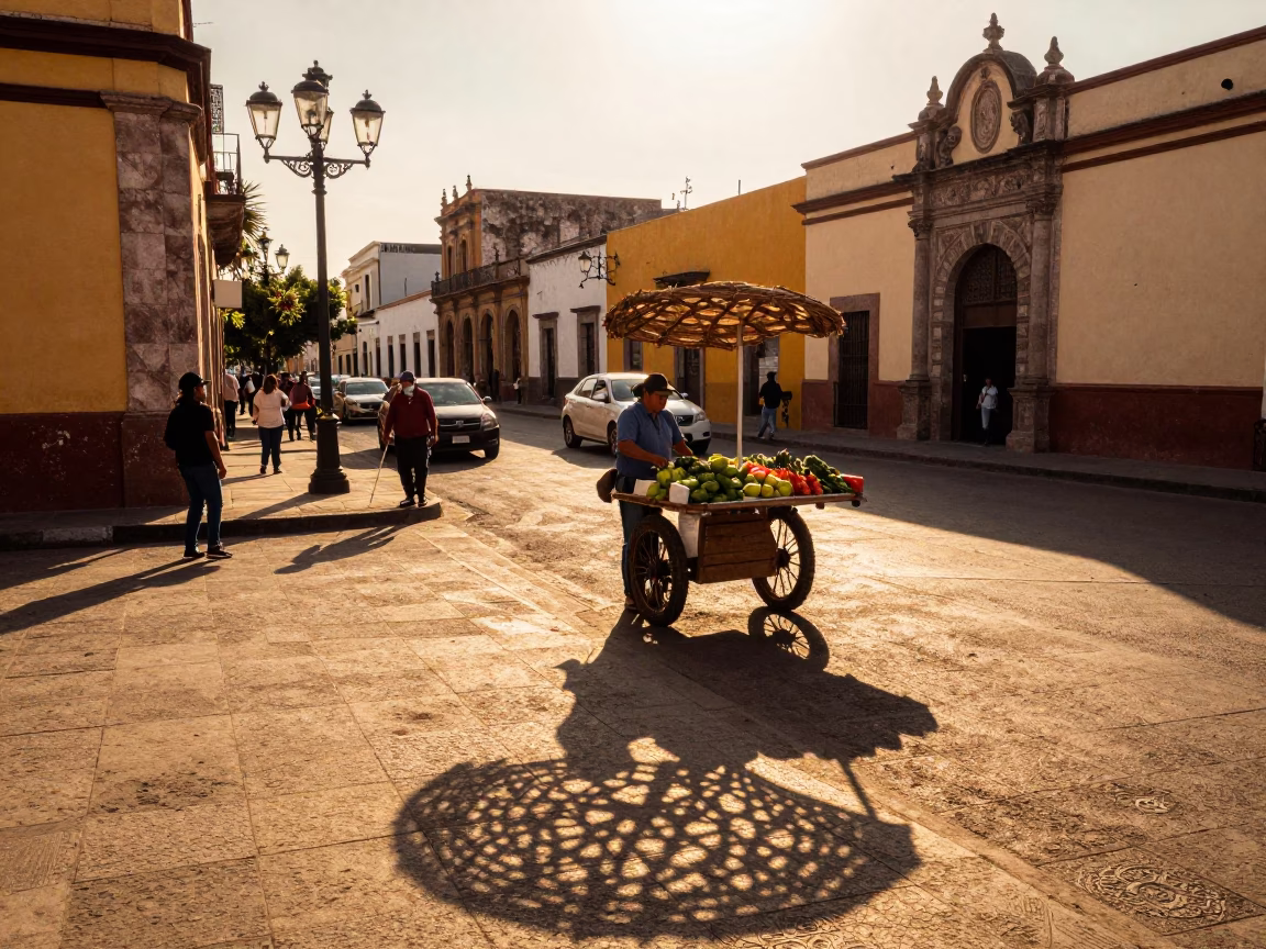 Evening Street Scene in Guadalajara Mexico with Wicker Shadow and Local Life in in Guadalajara, Mexico