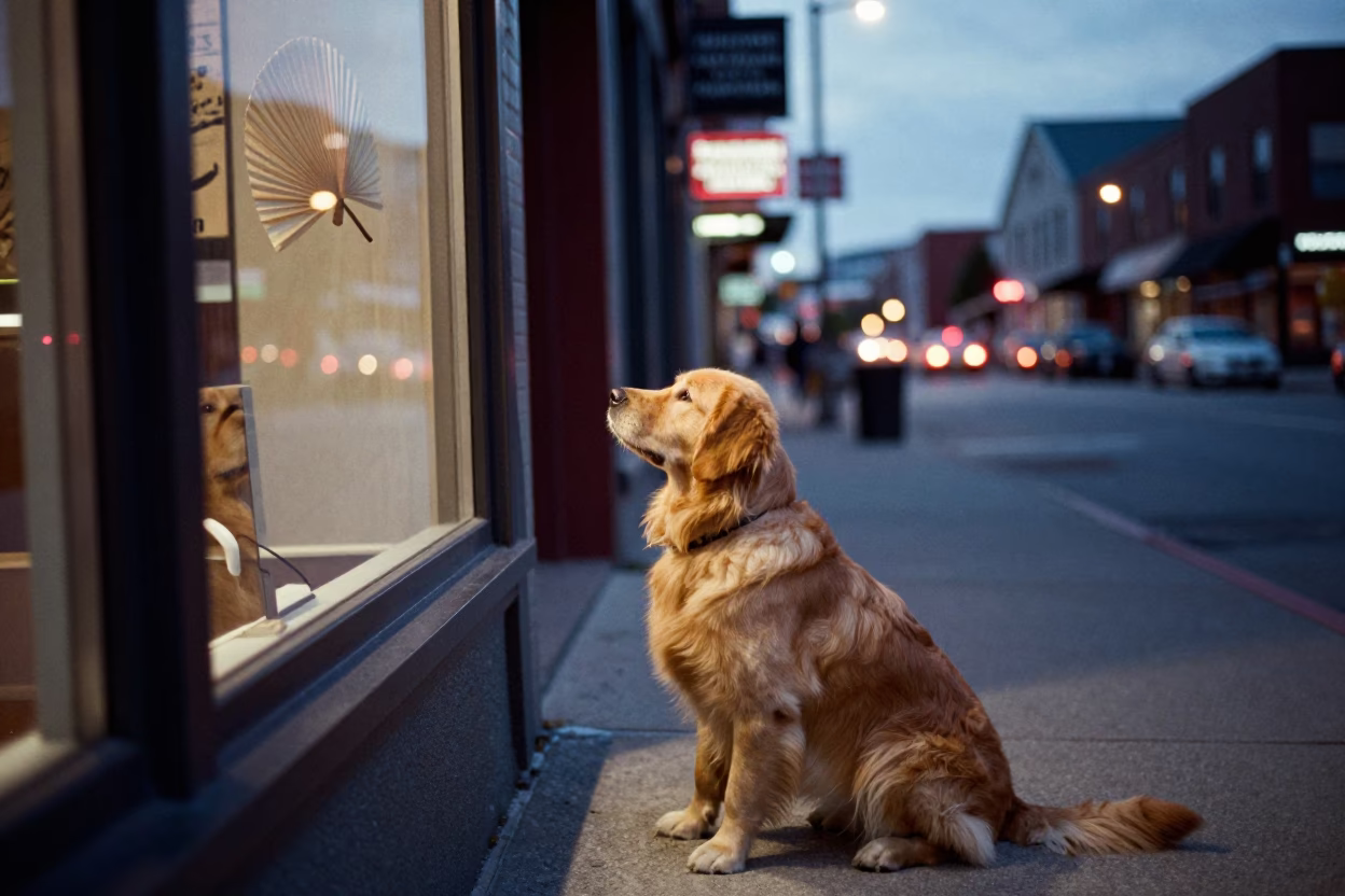 Evening Street Scene in Halifax Nova Scotia with Dog and City Lights in in Halifax, Nova Scotia, Canada