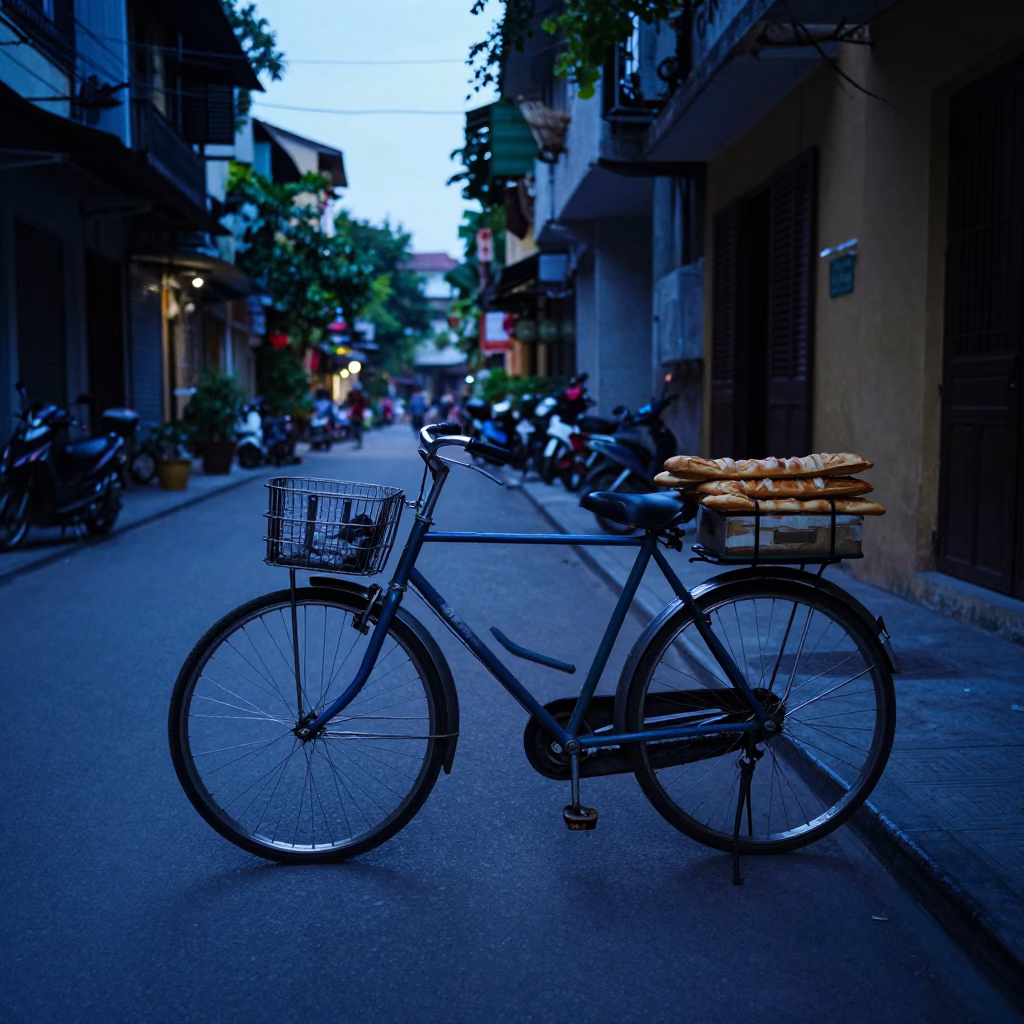 Evening Street Scene in Hanoi Vietnam with Bicycle and Baguettes in in Hanoi, Vietnam