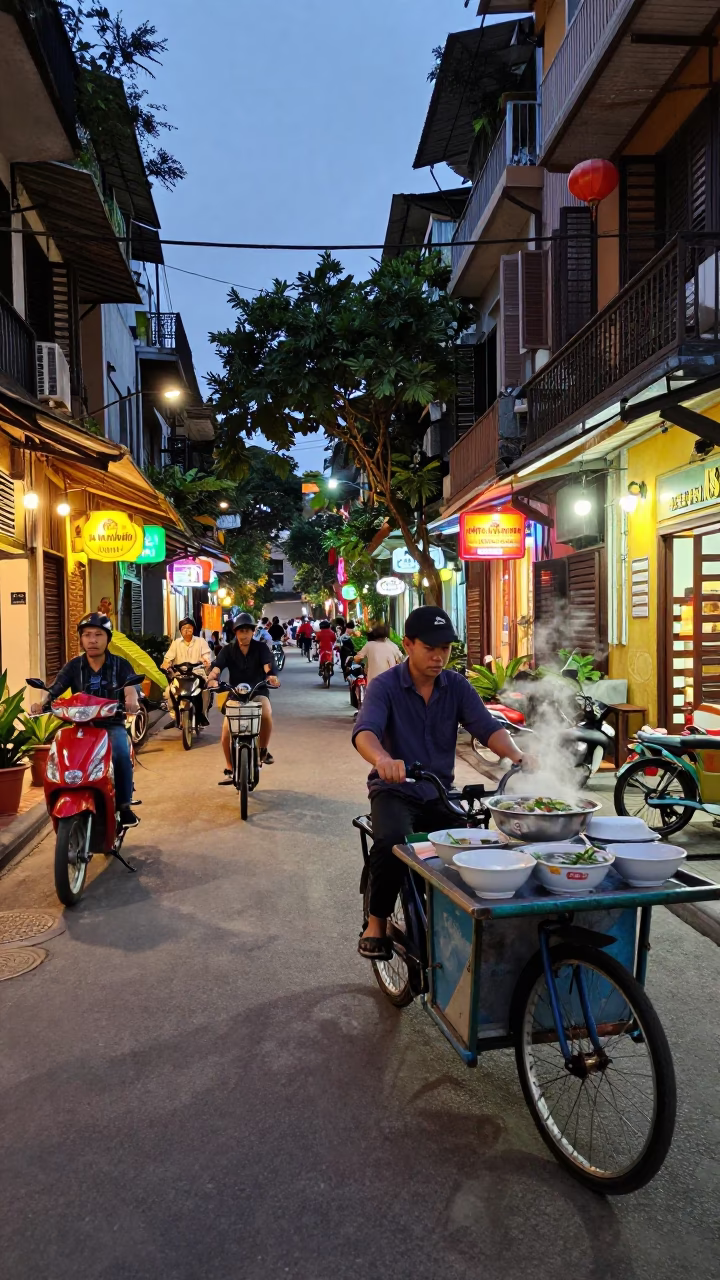Evening Street Scene in Hanoi Vietnam with Electric Bicycles and Neon Lights in in Hanoi, Vietnam