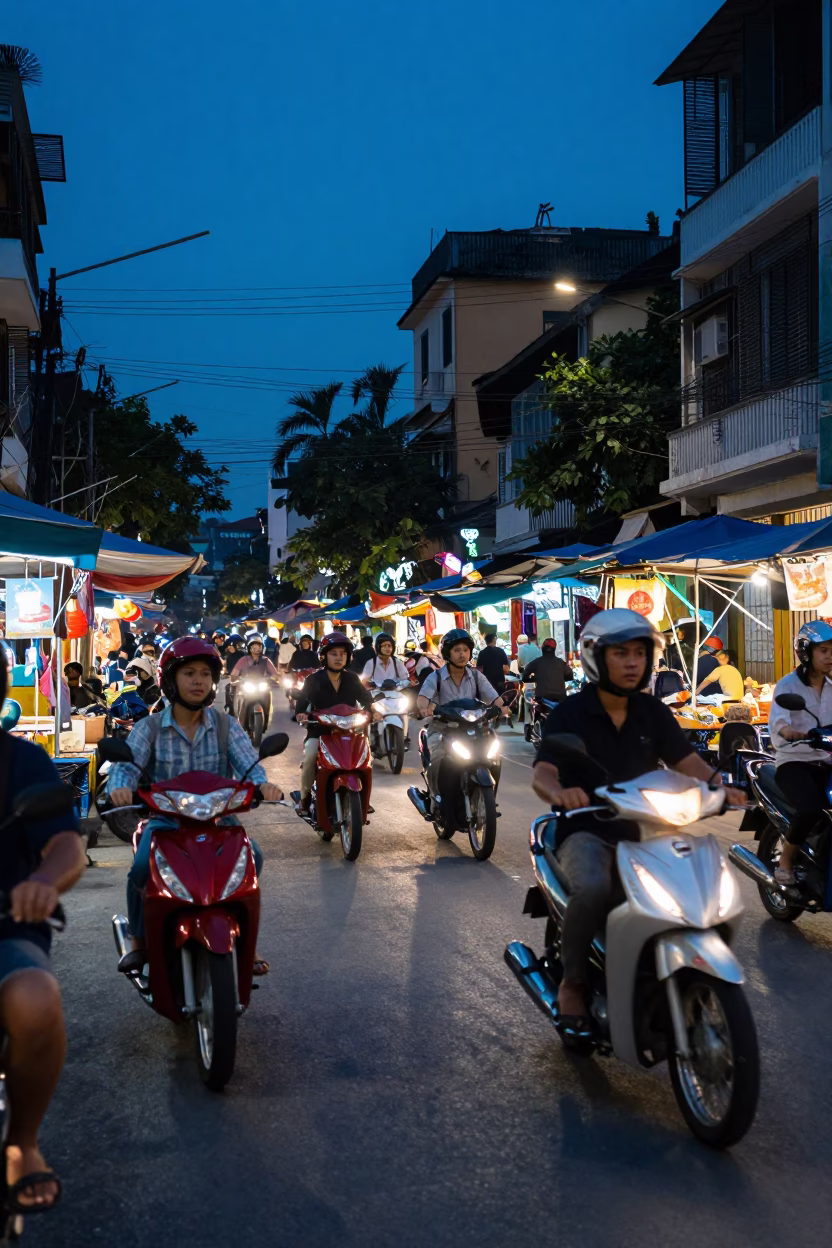 Evening Street Scene in Hanoi Vietnam with Motorbikes and Local Market Goods in in Hanoi, Vietnam