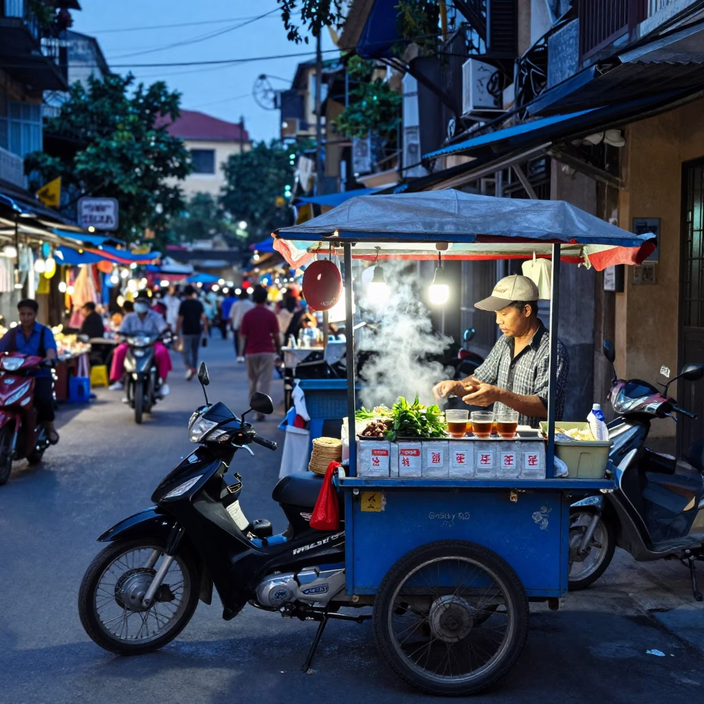 Evening Street Scene in Hanoi Vietnam with Motorcycle and Market Activity in in Hanoi, Vietnam