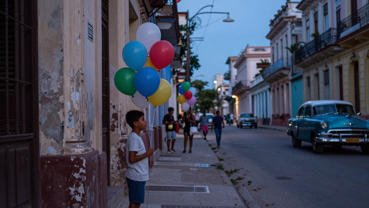 Evening Street Scene in Havana Cuba with Colorful Balloons and Classic Cars in in Havana, Cuba