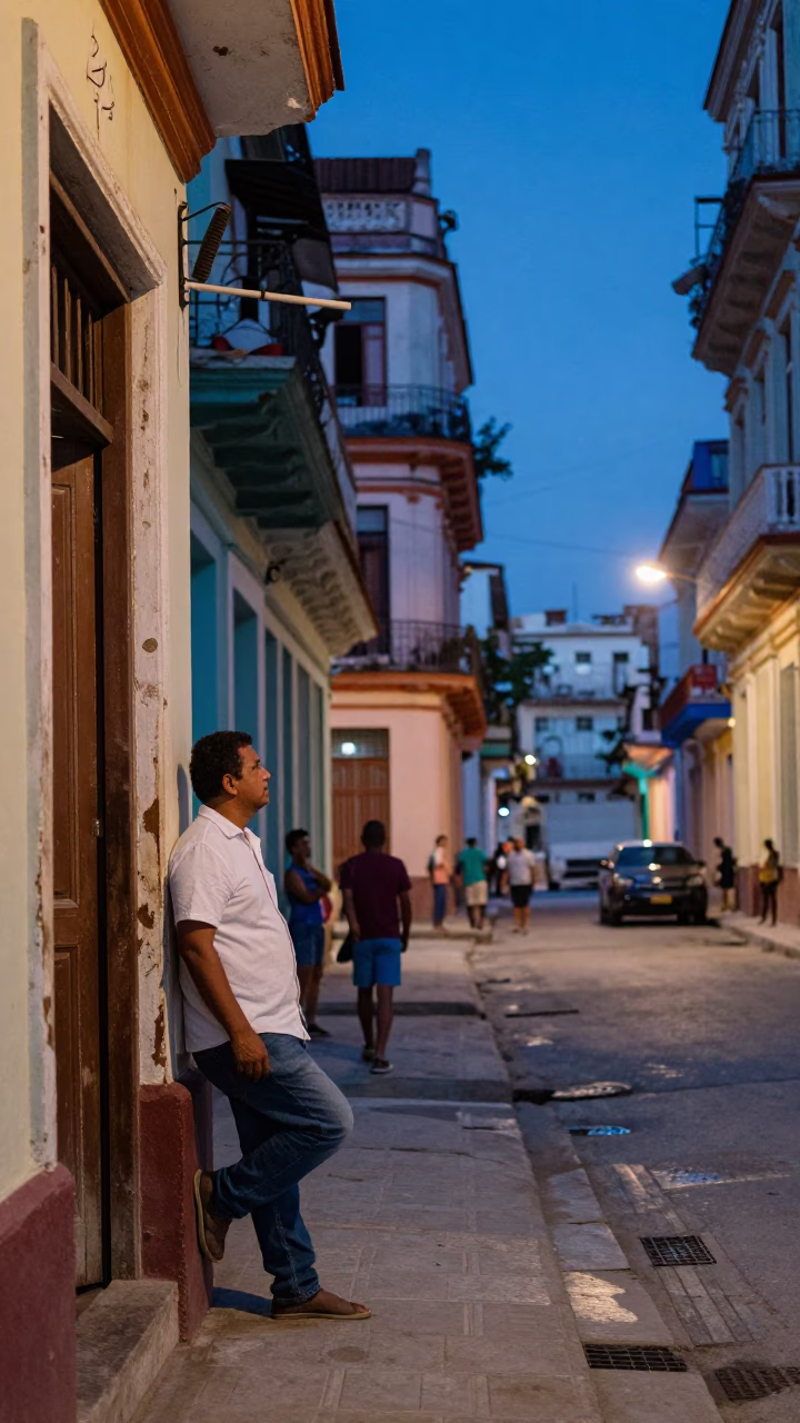 Evening street scene in Havana Cuba with colorful colonial architecture and local life in in Havana, Cuba