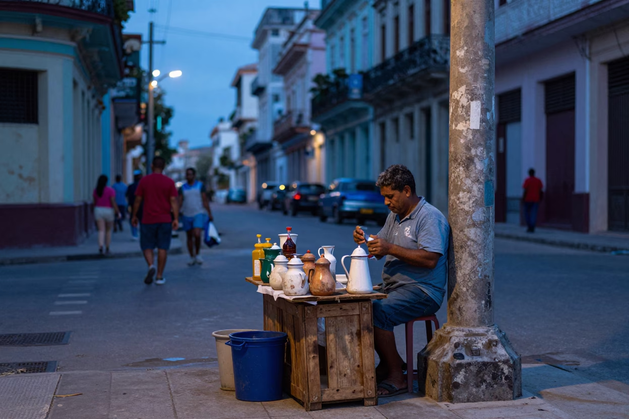 Evening Street Scene in Havana Cuba with Enamel Pitcher and Weathered Architecture in in Havana, Cuba