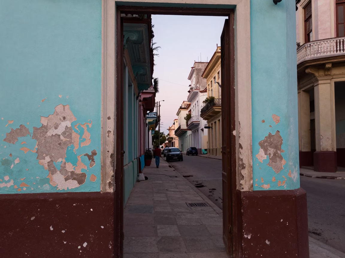Evening Street Scene in Havana Cuba with Peeling Paint and Local Life in in Havana, Cuba