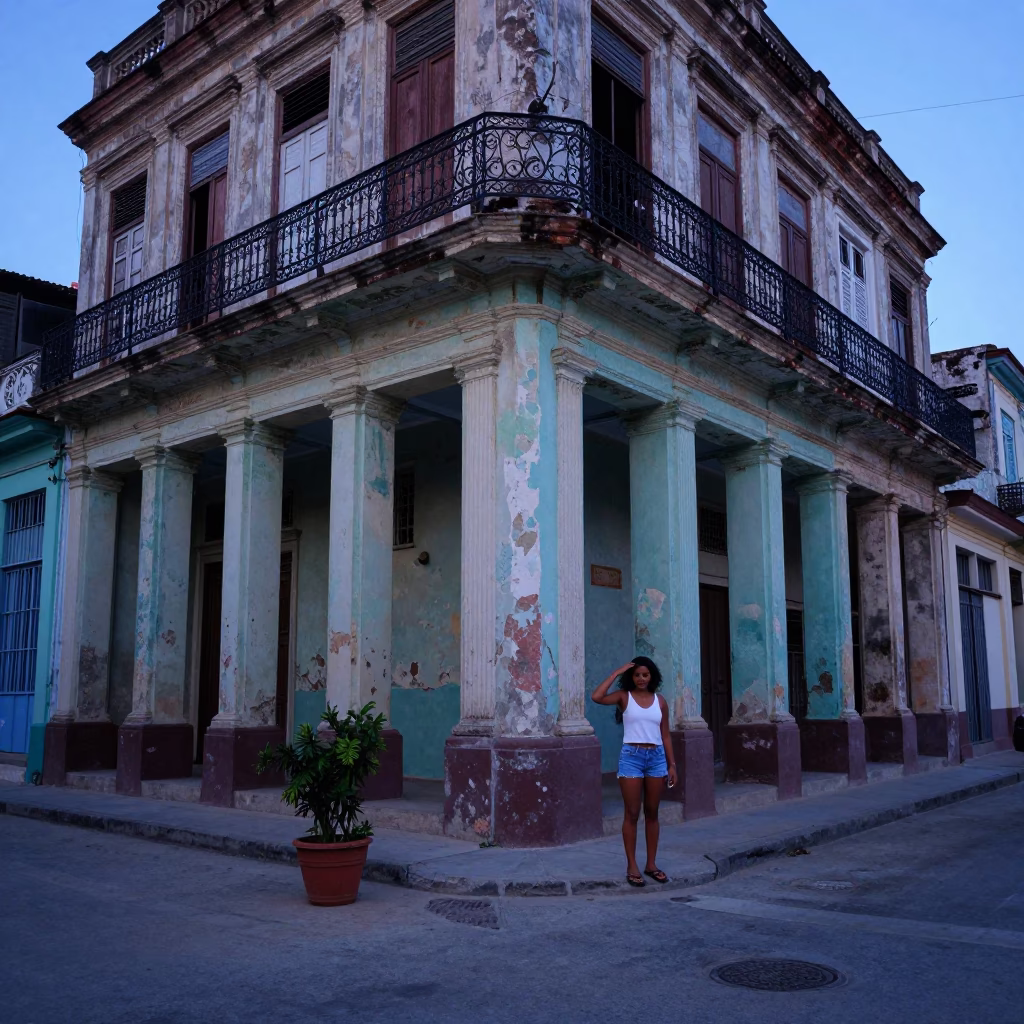 Evening Street Scene in Havana Cuba with Plant Pot and Hair Comb in in Havana, Cuba
