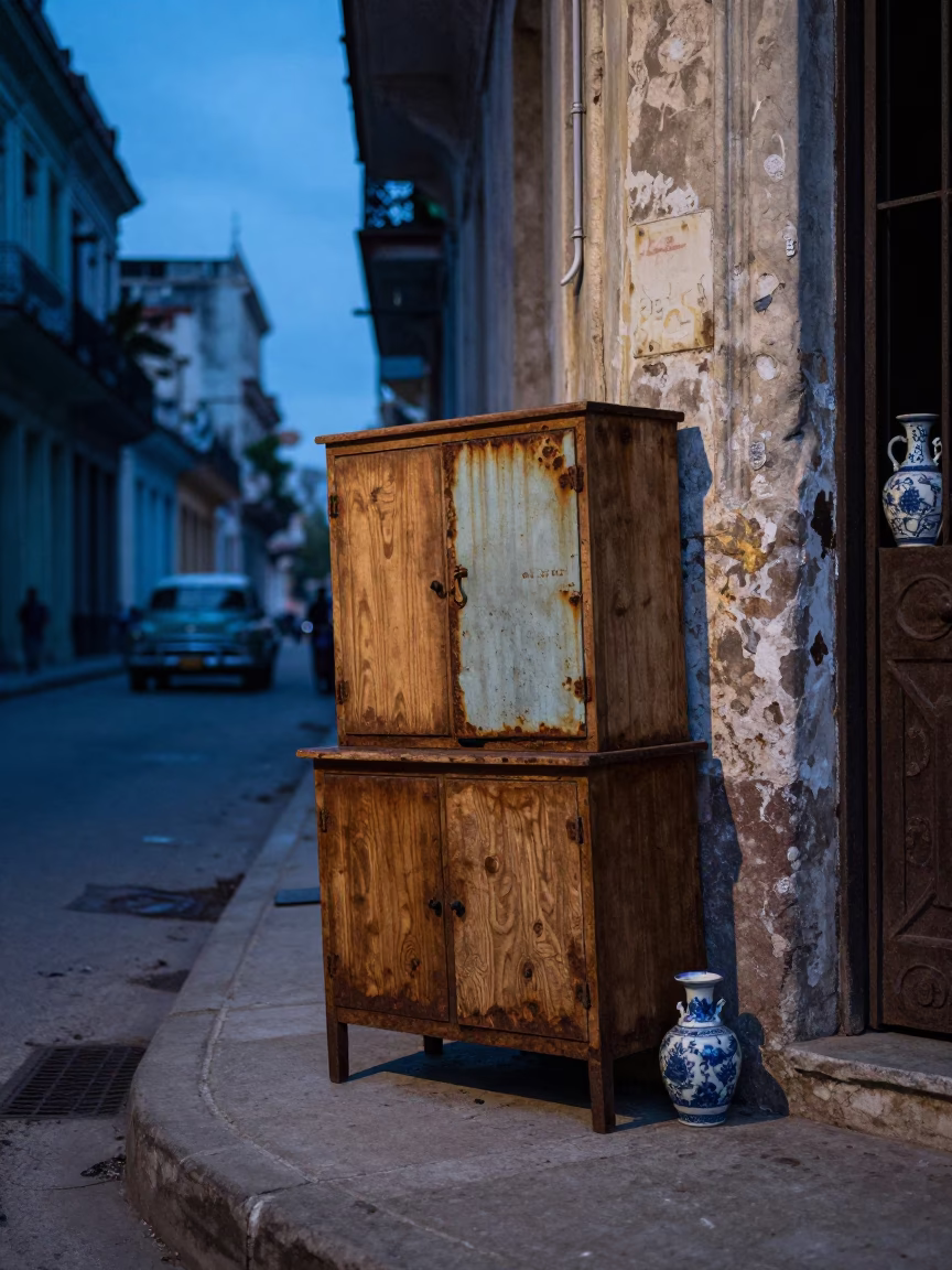 Evening street scene in Havana Cuba with rusted metal and porcelain details in in Havana, Cuba