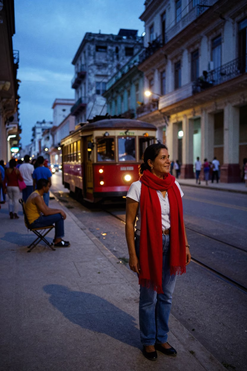 Evening Street Scene in Havana Cuba with Tramcar and Scarf in in Havana, Cuba
