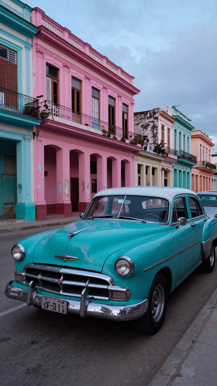 Evening Street Scene in Havana Cuba with Vintage Car and Colorful Architecture in in Havana, Cuba