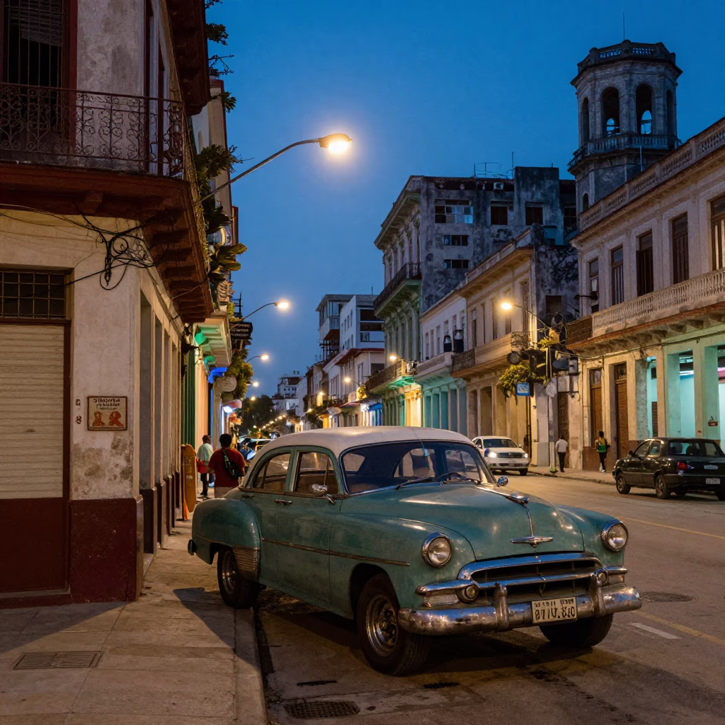 Evening Street Scene in Havana Cuba with Vintage Cars and Local Life in in Havana, Cuba