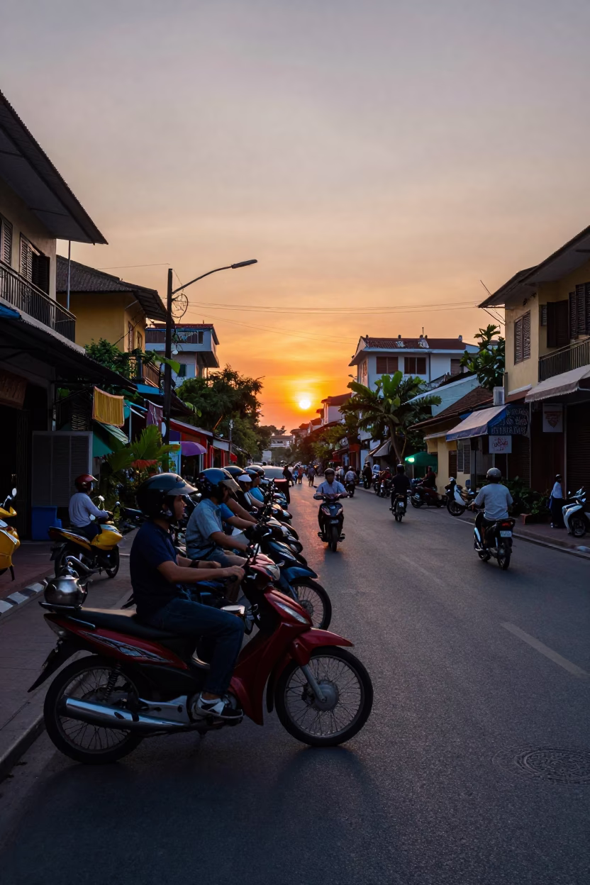 Evening Street Scene in Ho Chi Minh City Vietnam with Motorbikes and Tea Kettles in in Ho Chi Minh City, Vietnam