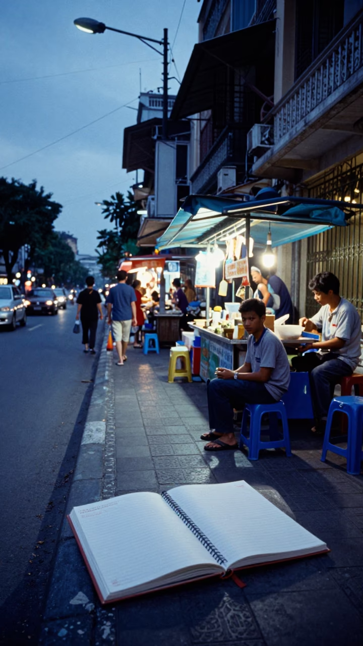 Evening Street Scene in Ho Chi Minh City Vietnam with Notebook and Local Details in in Ho Chi Minh City, Vietnam